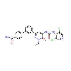 CCn1nc(-c2cccc(-c3ccc(C(N)=O)cc3)c2)cc(NC(=O)Nc2c(Cl)cncc2Cl)c1=O ZINC000143180630