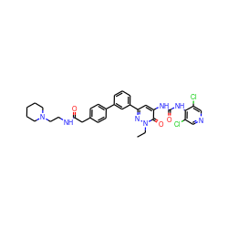 CCn1nc(-c2cccc(-c3ccc(CC(=O)NCCN4CCCCC4)cc3)c2)cc(NC(=O)Nc2c(Cl)cncc2Cl)c1=O ZINC000068243773