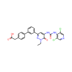 CCn1nc(-c2cccc(-c3ccc(CC(=O)O)cc3)c2)cc(NC(=O)Nc2c(Cl)cncc2Cl)c1=O ZINC000142626332