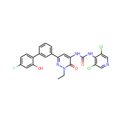 CCn1nc(-c2cccc(-c3ccc(F)cc3O)c2)cc(NC(=O)Nc2c(Cl)cncc2Cl)c1=O ZINC000142555885