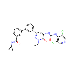 CCn1nc(-c2cccc(-c3cccc(C(=O)NC4CC4)c3)c2)cc(NC(=O)Nc2c(Cl)cncc2Cl)c1=O ZINC000141103786