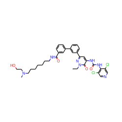 CCn1nc(-c2cccc(-c3cccc(C(=O)NCCCCCCCN(C)CCO)c3)c2)cc(NC(=O)Nc2c(Cl)cncc2Cl)c1=O ZINC000068243766