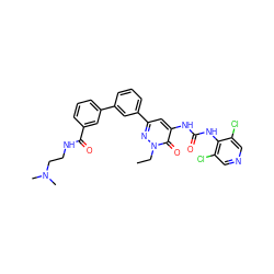 CCn1nc(-c2cccc(-c3cccc(C(=O)NCCN(C)C)c3)c2)cc(NC(=O)Nc2c(Cl)cncc2Cl)c1=O ZINC000068243769