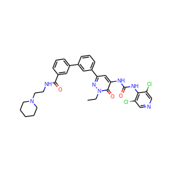 CCn1nc(-c2cccc(-c3cccc(C(=O)NCCN4CCCCC4)c3)c2)cc(NC(=O)Nc2c(Cl)cncc2Cl)c1=O ZINC000164147996