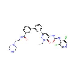 CCn1nc(-c2cccc(-c3cccc(C(=O)NCCN4CCNCC4)c3)c2)cc(NC(=O)Nc2c(Cl)cncc2Cl)c1=O ZINC001772600466