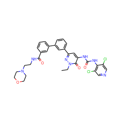 CCn1nc(-c2cccc(-c3cccc(C(=O)NCCN4CCOCC4)c3)c2)cc(NC(=O)Nc2c(Cl)cncc2Cl)c1=O ZINC000164152401