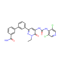 CCn1nc(-c2cccc(-c3cccc(C(N)=O)c3)c2)cc(NC(=O)Nc2c(Cl)cncc2Cl)c1=O ZINC000141099981