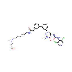 CCn1nc(-c2cccc(-c3cccc(CC(=O)NCCCCCCCN(C)CCO)c3)c2)cc(NC(=O)Nc2c(Cl)cncc2Cl)c1=O ZINC000164083121