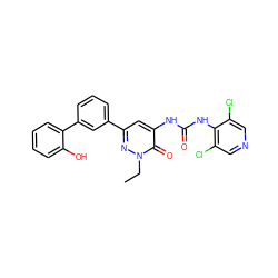 CCn1nc(-c2cccc(-c3ccccc3O)c2)cc(NC(=O)Nc2c(Cl)cncc2Cl)c1=O ZINC000141120457