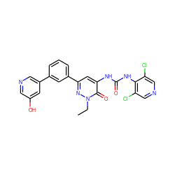 CCn1nc(-c2cccc(-c3cncc(O)c3)c2)cc(NC(=O)Nc2c(Cl)cncc2Cl)c1=O ZINC000141113766