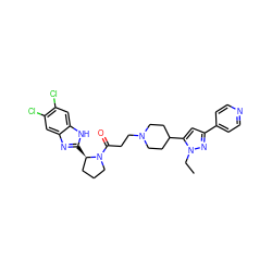 CCn1nc(-c2ccncc2)cc1C1CCN(CCC(=O)N2CCC[C@H]2c2nc3cc(Cl)c(Cl)cc3[nH]2)CC1 ZINC000066066060