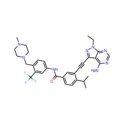 CCn1nc(C#Cc2cc(C(=O)Nc3ccc(CN4CCN(C)CC4)c(C(F)(F)F)c3)ccc2C(C)C)c2c(N)ncnc21 ZINC000299851842