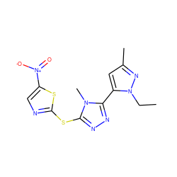 CCn1nc(C)cc1-c1nnc(Sc2ncc([N+](=O)[O-])s2)n1C ZINC000003129601