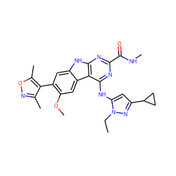 CCn1nc(C2CC2)cc1Nc1nc(C(=O)NC)nc2[nH]c3cc(-c4c(C)noc4C)c(OC)cc3c12 ZINC001772572710