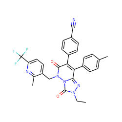 CCn1nc2c(-c3ccc(C)cc3)c(-c3ccc(C#N)cc3)c(=O)n(Cc3ccc(C(F)(F)F)nc3C)n2c1=O ZINC000169346552