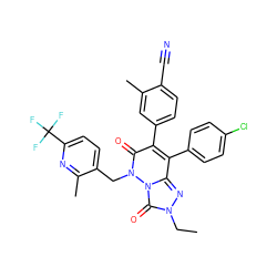 CCn1nc2c(-c3ccc(Cl)cc3)c(-c3ccc(C#N)c(C)c3)c(=O)n(Cc3ccc(C(F)(F)F)nc3C)n2c1=O ZINC000169346548