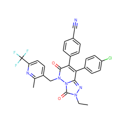 CCn1nc2c(-c3ccc(Cl)cc3)c(-c3ccc(C#N)cc3)c(=O)n(Cc3ccc(C(F)(F)F)nc3C)n2c1=O ZINC000169346547