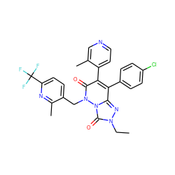 CCn1nc2c(-c3ccc(Cl)cc3)c(-c3ccncc3C)c(=O)n(Cc3ccc(C(F)(F)F)nc3C)n2c1=O ZINC000169346546