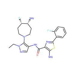 CCn1ncc(NC(=O)c2nc(-c3ccccc3F)sc2N)c1N1CC[C@H](F)[C@H](N)CC1 ZINC000169699423