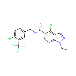 CCn1ncc2c(Cl)c(C(=O)NCc3ccc(Cl)c(C(F)(F)F)c3)cnc21 ZINC000049112589