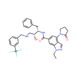 CCn1ncc2c(N3CCCC3=O)cc(C(=O)N[C@@H](Cc3ccccc3)[C@H](O)CNCc3cccc(C(F)(F)F)c3)cc21 ZINC000044351753