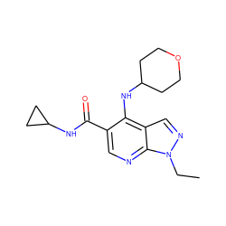 CCn1ncc2c(NC3CCOCC3)c(C(=O)NC3CC3)cnc21 ZINC000042922549