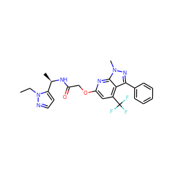 CCn1nccc1[C@@H](C)NC(=O)COc1cc(C(F)(F)F)c2c(-c3ccccc3)nn(C)c2n1 ZINC000117515089