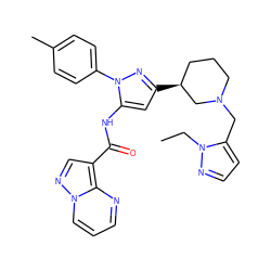 CCn1nccc1CN1CCC[C@H](c2cc(NC(=O)c3cnn4cccnc34)n(-c3ccc(C)cc3)n2)C1 ZINC000204756132