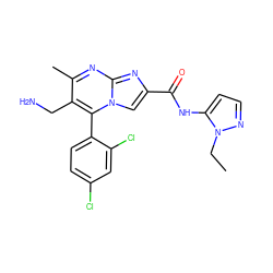 CCn1nccc1NC(=O)c1cn2c(-c3ccc(Cl)cc3Cl)c(CN)c(C)nc2n1 ZINC000058591255