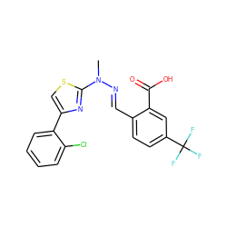 CN(/N=C/c1ccc(C(F)(F)F)cc1C(=O)O)c1nc(-c2ccccc2Cl)cs1 ZINC001772623349