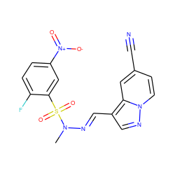 CN(/N=C/c1cnn2ccc(C#N)cc12)S(=O)(=O)c1cc([N+](=O)[O-])ccc1F ZINC000073386550