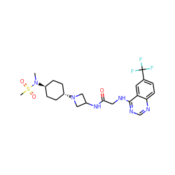 CN([C@H]1CC[C@H](N2CC(NC(=O)CNc3ncnc4ccc(C(F)(F)F)cc34)C2)CC1)S(C)(=O)=O ZINC000149225620