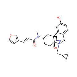 CN(C(=O)/C=C/c1ccoc1)[C@H]1CC[C@@]2(O)[C@H]3Cc4ccc(O)cc4[C@@]2(CCN3CC2CC2)C1 ZINC000095560940