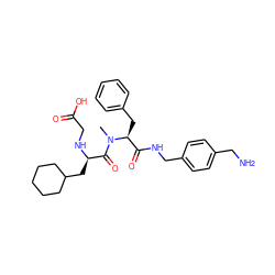 CN(C(=O)[C@@H](CC1CCCCC1)NCC(=O)O)[C@@H](Cc1ccccc1)C(=O)NCc1ccc(CN)cc1 ZINC000206315134