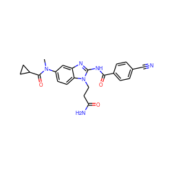 CN(C(=O)C1CC1)c1ccc2c(c1)nc(NC(=O)c1ccc(C#N)cc1)n2CCC(N)=O ZINC000040392192