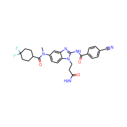 CN(C(=O)C1CCC(F)(F)CC1)c1ccc2c(c1)nc(NC(=O)c1ccc(C#N)cc1)n2CCC(N)=O ZINC000040943061