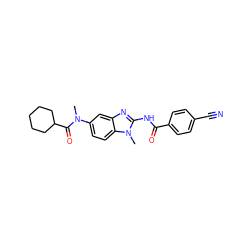 CN(C(=O)C1CCCCC1)c1ccc2c(c1)nc(NC(=O)c1ccc(C#N)cc1)n2C ZINC000040937831