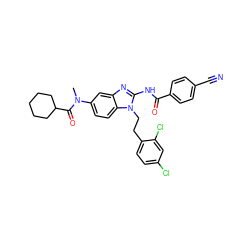 CN(C(=O)C1CCCCC1)c1ccc2c(c1)nc(NC(=O)c1ccc(C#N)cc1)n2CCc1ccc(Cl)cc1Cl ZINC000049878282