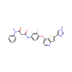 CN(C(=O)CC(=O)Nc1ccc(Oc2ccnc3cc(-c4cn(C)cn4)sc23)c(F)c1)c1ccccc1 ZINC000040878448