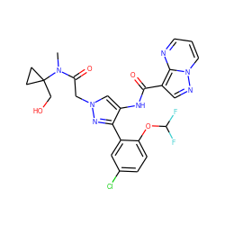 CN(C(=O)Cn1cc(NC(=O)c2cnn3cccnc23)c(-c2cc(Cl)ccc2OC(F)F)n1)C1(CO)CC1 ZINC001772629698