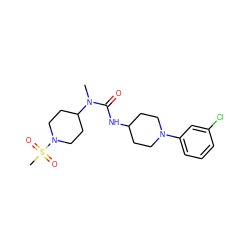 CN(C(=O)NC1CCN(c2cccc(Cl)c2)CC1)C1CCN(S(C)(=O)=O)CC1 ZINC000029126260