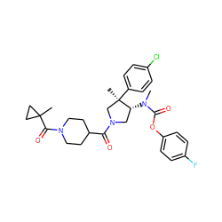 CN(C(=O)Oc1ccc(F)cc1)[C@@H]1CN(C(=O)C2CCN(C(=O)C3(C)CC3)CC2)C[C@@]1(C)c1ccc(Cl)cc1 ZINC000169698938