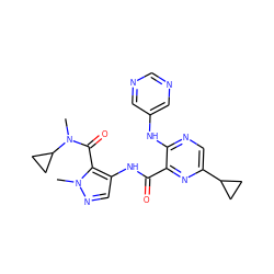 CN(C(=O)c1c(NC(=O)c2nc(C3CC3)cnc2Nc2cncnc2)cnn1C)C1CC1 ZINC000169701855