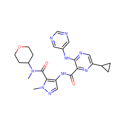 CN(C(=O)c1c(NC(=O)c2nc(C3CC3)cnc2Nc2cncnc2)cnn1C)C1CCOCC1 ZINC000149162259