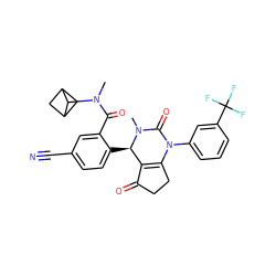 CN(C(=O)c1cc(C#N)ccc1[C@@H]1C2=C(CCC2=O)N(c2cccc(C(F)(F)F)c2)C(=O)N1C)C1C2CC1C2 ZINC001772608403