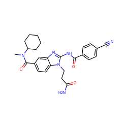 CN(C(=O)c1ccc2c(c1)nc(NC(=O)c1ccc(C#N)cc1)n2CCC(N)=O)C1CCCCC1 ZINC000028822748