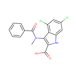 CN(C(=O)c1ccccc1)c1c(C(=O)O)[nH]c2cc(Cl)cc(Cl)c12 ZINC000000599444