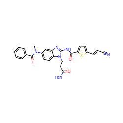 CN(C(=O)c1ccccc1)c1ccc2c(c1)nc(NC(=O)c1ccc(/C=C/C#N)s1)n2CCC(N)=O ZINC000040423077