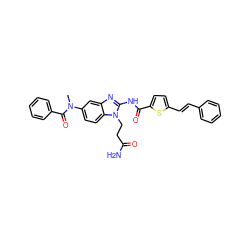 CN(C(=O)c1ccccc1)c1ccc2c(c1)nc(NC(=O)c1ccc(/C=C/c3ccccc3)s1)n2CCC(N)=O ZINC000042887574