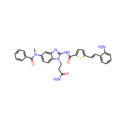 CN(C(=O)c1ccccc1)c1ccc2c(c1)nc(NC(=O)c1ccc(/C=C/c3ccccc3N)s1)n2CCC(N)=O ZINC000042834891